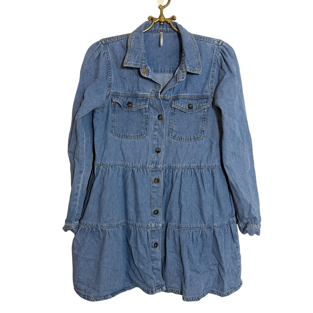 Free People Denim Tiered Puff Sleeve Button Front Dress Light Wash Size Small